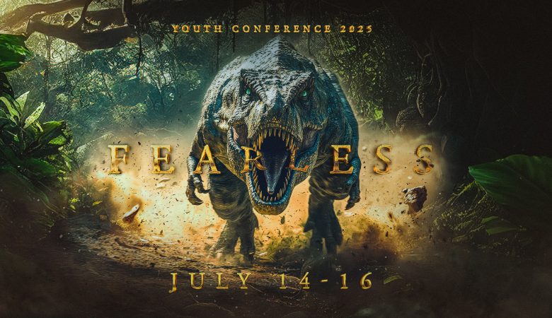 Dramatic depiction of a fearsome dinosaur roaring and charging t